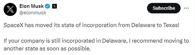 Musk announced on Wednesday that the company had switched its registration status from Delaware to Texas