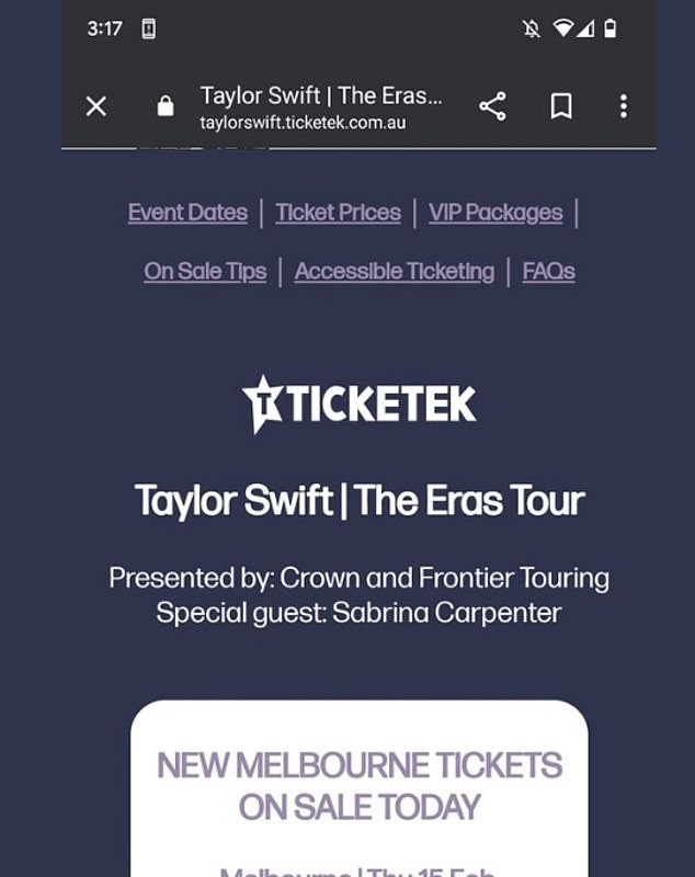 Sarah from Victoria couldn't believe her eyes and hopes to score a ticket herself.  'I saw this for the Swifties!  I'm not sure if it's been posted yet!'  she wrote on Facebook and shared a screenshot from the Ticketek website