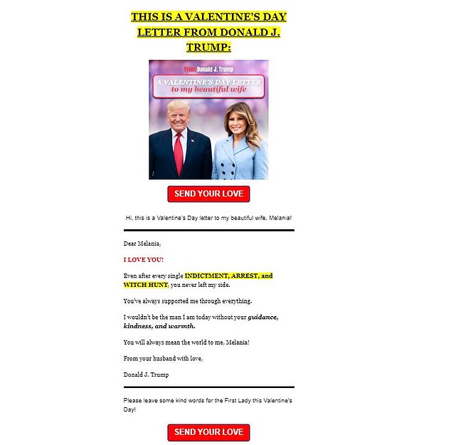 Donald Trump sent a Valentine's Day letter to Melania as a fundraising email