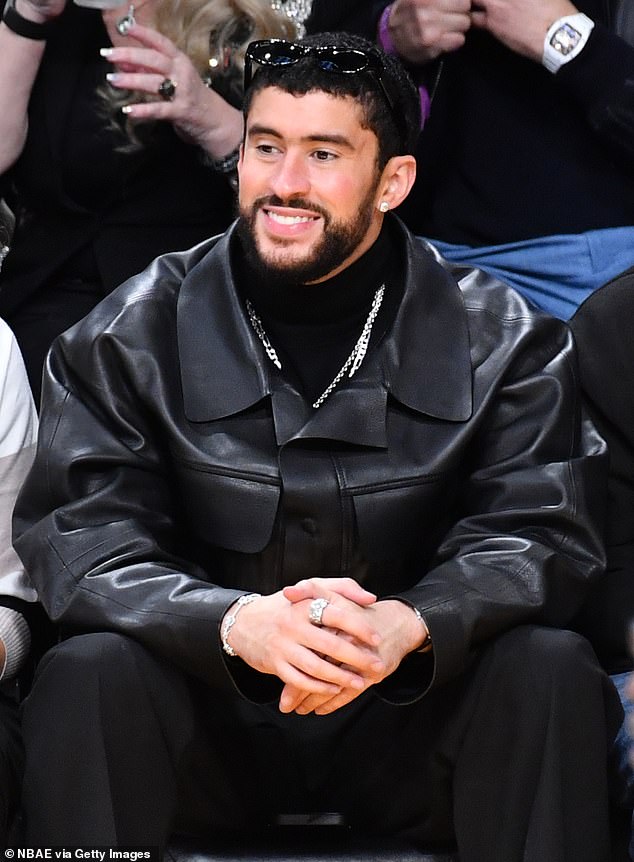 Bad Bunny seen during the game between the Denver Nuggets and the Los Angeles Lakers on February 8 in LA