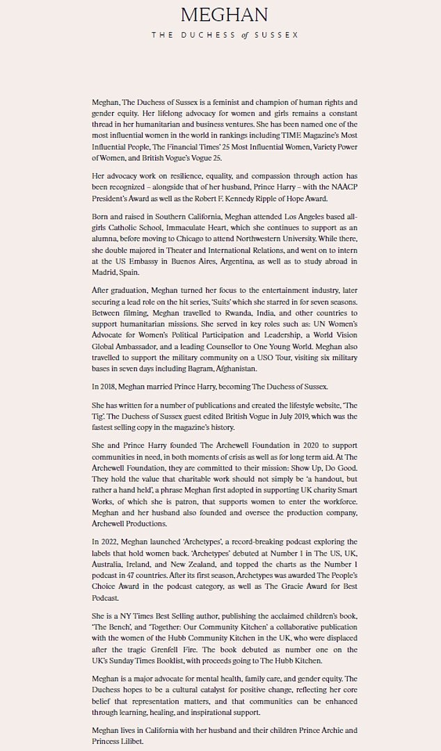 Meghan, whose Spotify podcast, acting career and lifestyle blog The Tig are all mentioned in her biography, has been hailed as a 'feminist and advocate for human rights and gender equality'