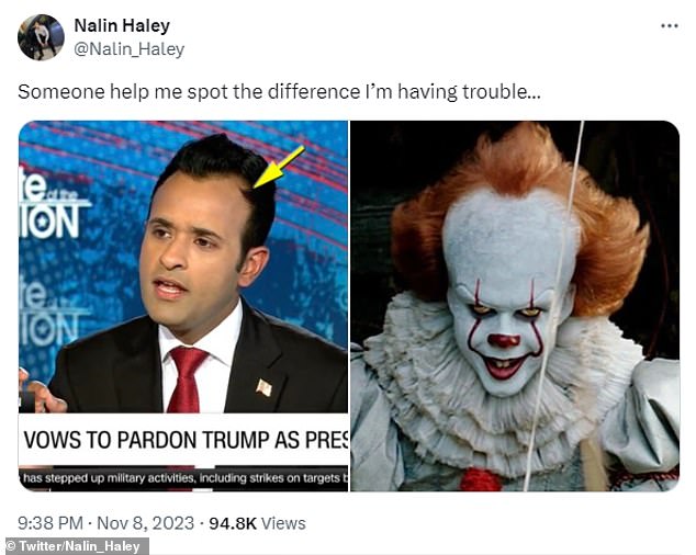 Nalin also compared Ramaswamy to the clown Pennywise from the horror film It – specifically pointing out the shape of the head and hairline