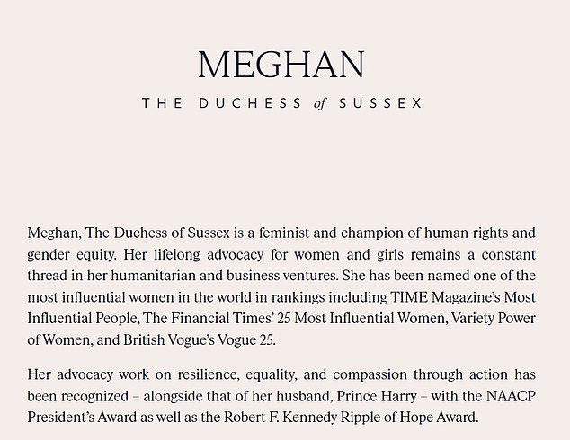 Part of Meghan's biography on the new website