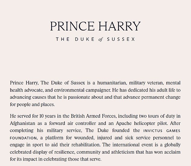 Details from Prince Harry's web biography - which is shorter than his wife's