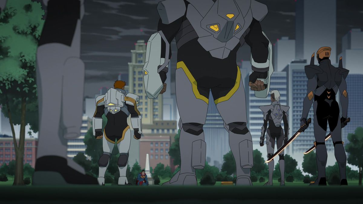 Superman is surrounded by armored members of Task Force X in a park.