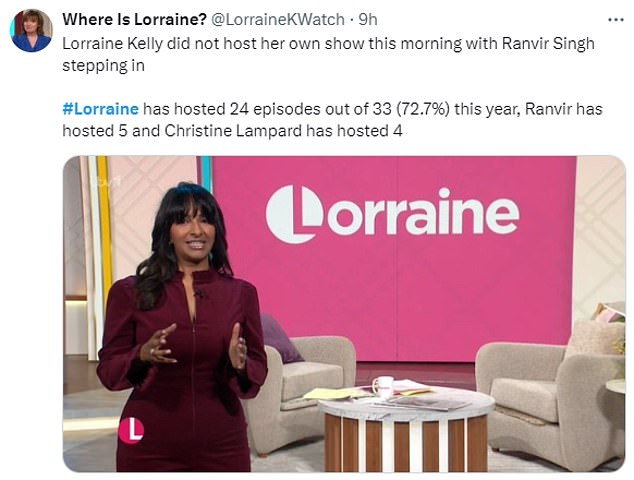 On Thursday morning the account read: 'Lorraine Kelly did not host her own show this morning with Ranvir Singh intervening'