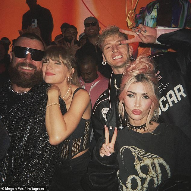 Swift is back on her Eras tour, far away in Australia.  You can imagine the crisis management conversations she has with her team, the gold standard in public relations.  (Image: Swift with Kelce, Meghan Fox and Machine Gun Kelly at the Vegas afterparty).