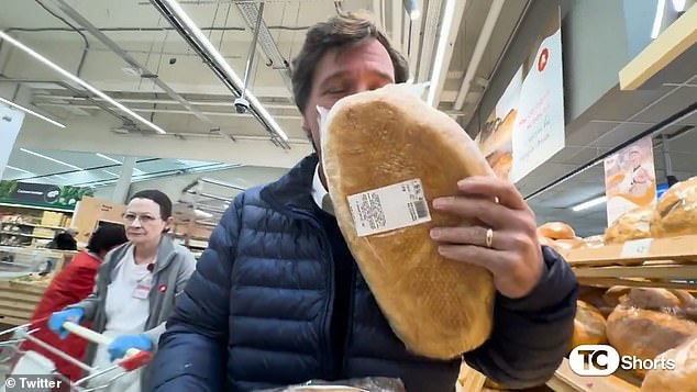 At one point, Tucker, 54, exclaims, “Look at that!”  sniffing a loaf of bread while jovial music plays.  But the soundtrack turns somber as Tucker reaches the cash register and notices the equivalent price tag of $400 for a week's worth of groceries for him and his team.