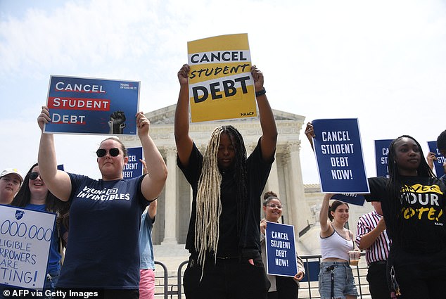 Protesters calling for student loan forgiveness outside the Supreme Court on June 30, 2023, as the conservative court struck down Biden's student loan relief plan