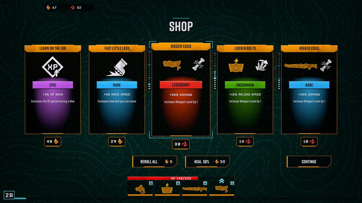 A selection of upgrades available in the store in Deep Rock Galactic, showing how players can strengthen their weapon or dwarf.