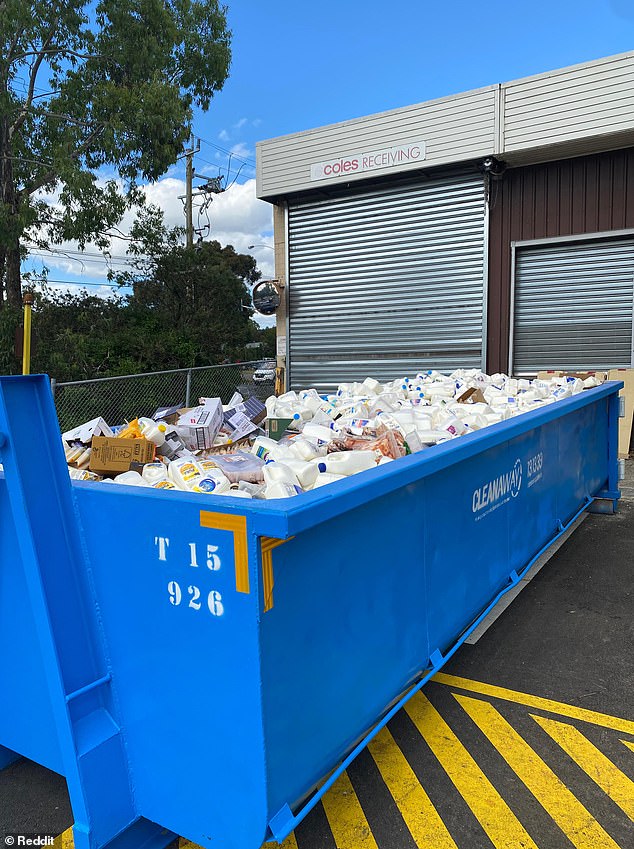 A customer at another Coles store in Victoria took a photo of a bin filled with unopened bottles of milk (pictured) after freezers and fridges lost power following the severe storms