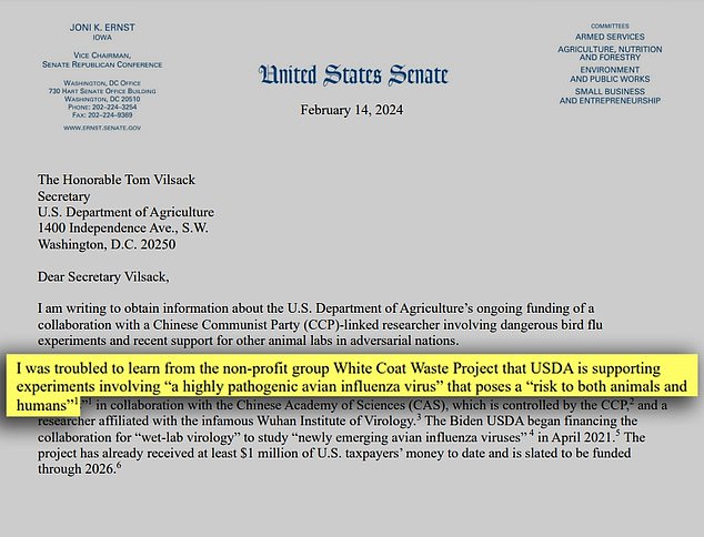 Republican Senator Joni Ernst of Iowa wrote a letter Thursday to U.S. Department of Agriculture Secretary Tom Vilsack asking for more information about the department's ongoing funding of the study.