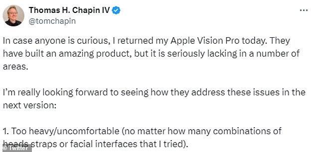 A user told X, “In case anyone is curious, I returned my Apple Vision Pro today.  