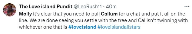 Desperate for a reunion between the exes, one fan wrote: 'Molly, it's clear you need to invite Callum for a chat and risk it all'