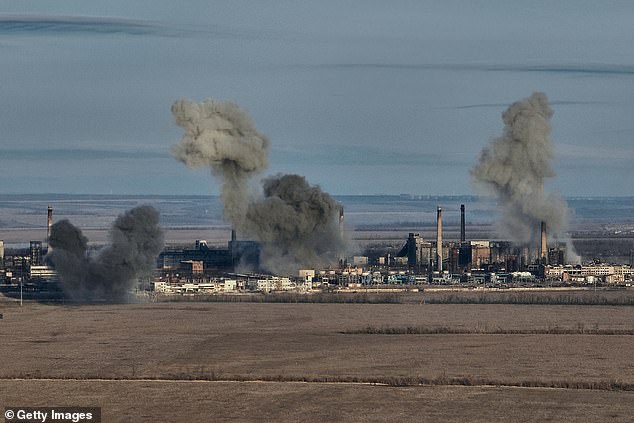 A general view of smoke rising from the Avdiivka coke and chemical plant on February 15, 2023 in Avdiivka district, Ukraine