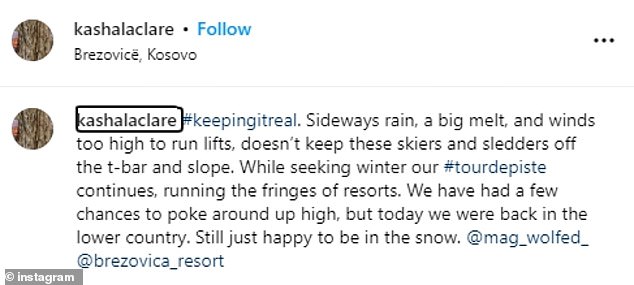 Rigby's last Instagram post from four days ago placed her in Kosova, where she and her husband were reportedly off-trail skiing