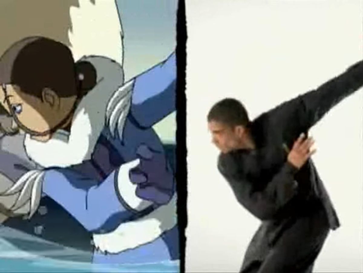 Sifu Kisu strikes a fluid waterbending pose, while Katara strikes the same pose