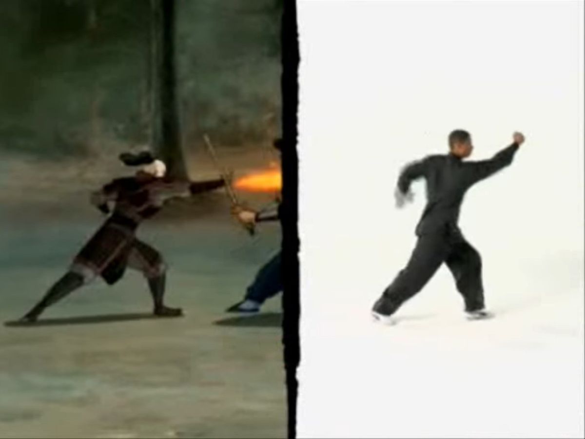 Sifu Kisu takes an aggressive fighting stance while Zuko makes the same move with fire coming out of his arms in ATLA side by side