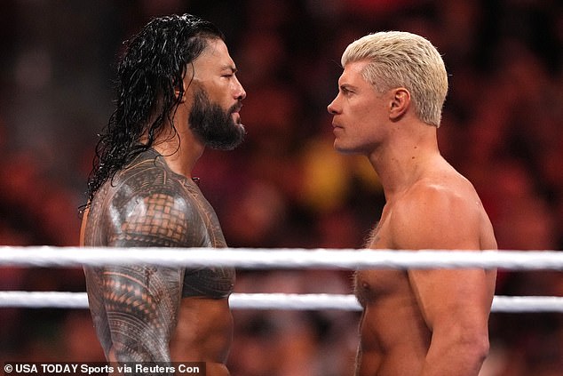 Rhodes (right) and Roman Reigns (left) will fight for the Undisputed WWE Universal Title at WrestleMania