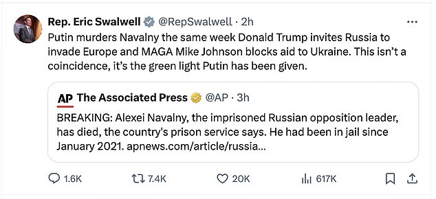 Democrats in Congress responded to the news by lashing out at Russian President Vladimir Putin — but also pointed to recent comments from former Republican President Donald Trump and encouraged Republicans in the House of Representatives to pass a bill to finance Ukraine's war effort.