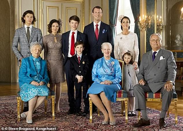 Prince Felix (third from right) was accompanied on his confirmation day in 2017 by his maternal grandmother Christa Manley (front left) and (from left to right) his brother Nikolai, mother Countess Alexandra, brother Henrik, grandmother Queen Margrethe, father Prince Joachim, stepmother Princess Marie, sister Athena and grandfather Prince Henrik