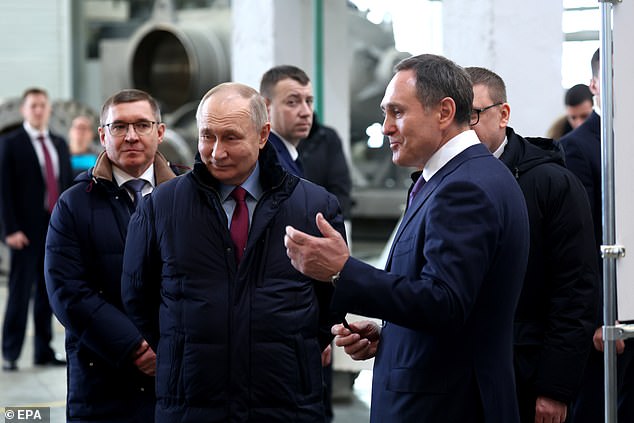 Putin seen Friday at the Chelyabinsk Forge-and-Press Plant in Chelyabinsk, Russia