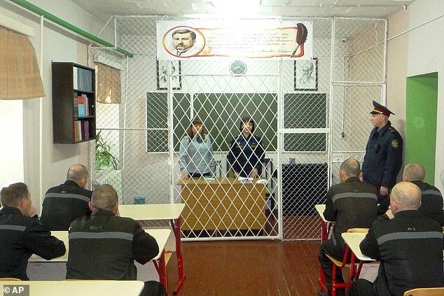 A group of prisoners sit during classes in the prison colony where Alexei Navalny's associates say he has been located