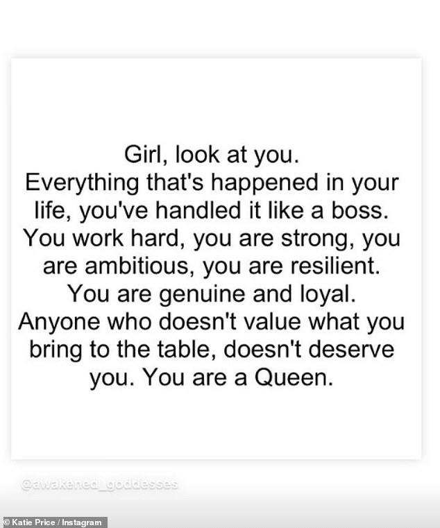 On her Instagram Story, the message read: “Girl, look at you.  You handled everything that happened in your life like a boss