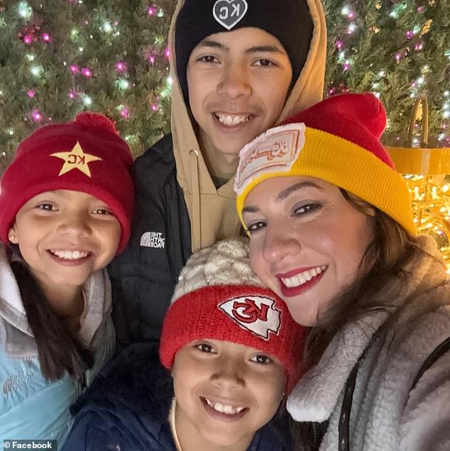 The two girls were at the parade with their mother Erika (pictured), the cousin of Lisa Lopez-Galvan, who was killed in the shooting