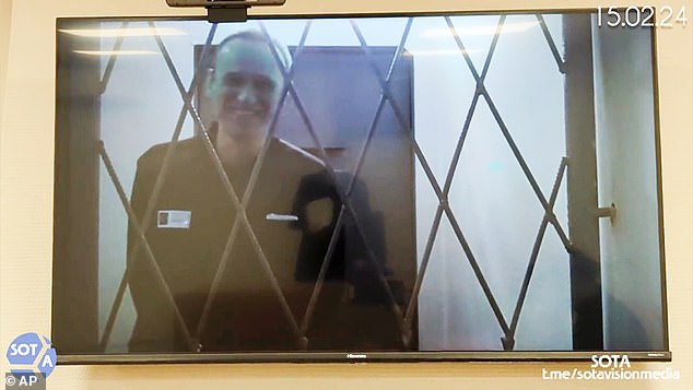 This photo, taken from a video released by the Russian Federal Penitentiary Service, shows Russian opposition leader Alexei Navalny via video link from the Arctic Penal Colony in Kharp, Kovrov, Russia, on February 15, 2024