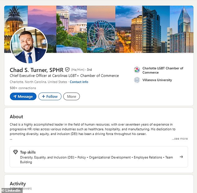 His Linkedin profile shows Turner's current role as CEO at Carolinas LGBT+ Chamber of Commerce, and his 500+ connections