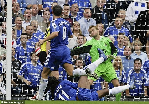 Dider Drogba slid in from the ground to head in Chelsea's third match against Man City after John Terry and Frank Lampard had given the hosts a 2-0 lead