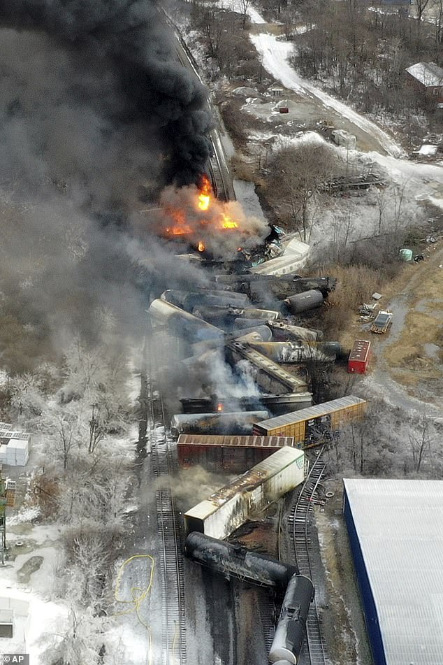 Their lives changed on February 3, 2023. A photo taken by a drone shows parts of a Norfolk and Southern freight train that derailed outside the East Palestine village last year