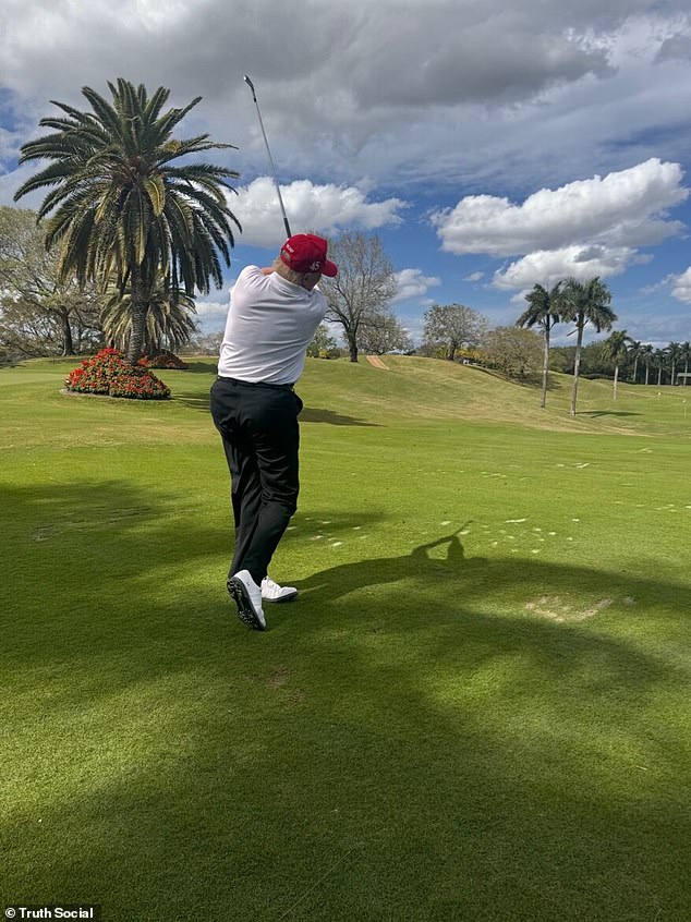 Trump then posted a series of three photos of himself playing on his golf course in Florida