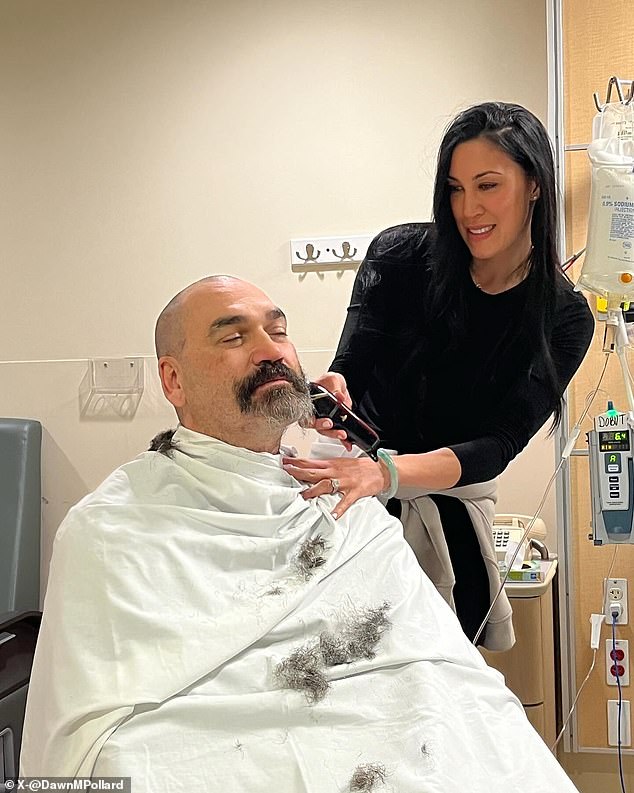 Dawn shaved her husband's head and beard before he underwent successful surgery on Friday