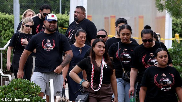 The Titmuss family arrives at the inquest wearing shirts in honor of the fallen Manly player