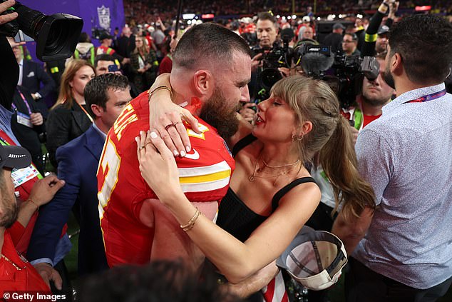 Travis Kelce hugs Taylor Swift after the Kansas City Chiefs' Superbowl win against the San Francisco 49ers last weekend