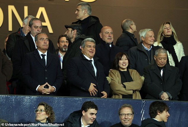 Barcelona president Joan Laporta in his hospitality box before placing it on the sofas