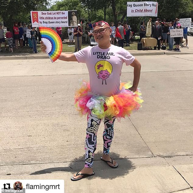 Tjachyadi wore his tutu and leggings as he battled anti-trans protesters