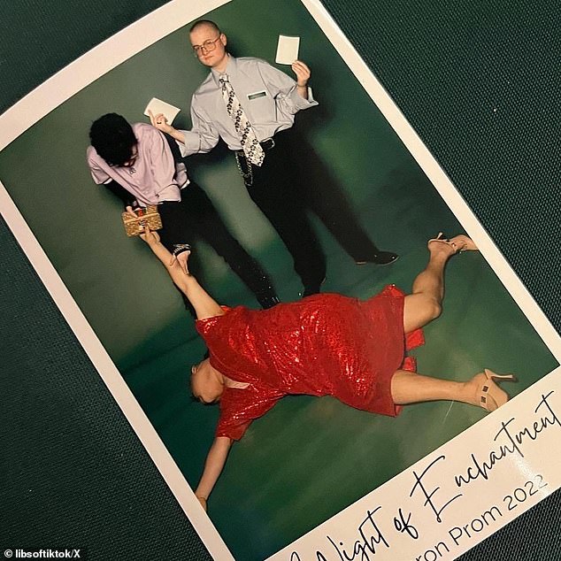 A leaked photo showed him sprawled on the floor in high heels and a knee-length glittery red dress while clutching a handbag during one of the prom nights.