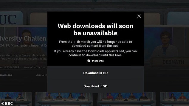 This iPlayer message informs users of the decision to end downloads for desktop and laptop computers, both PC and Mac