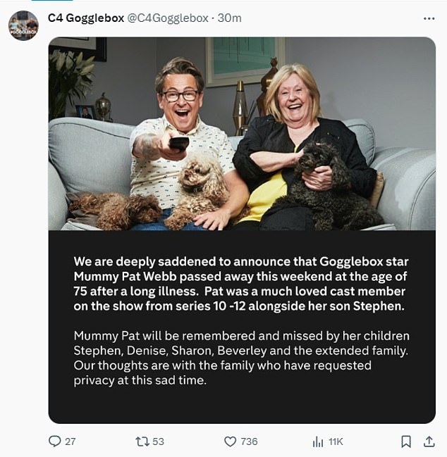 The official Gogglebox account shared this message on Twitter shortly afterwards