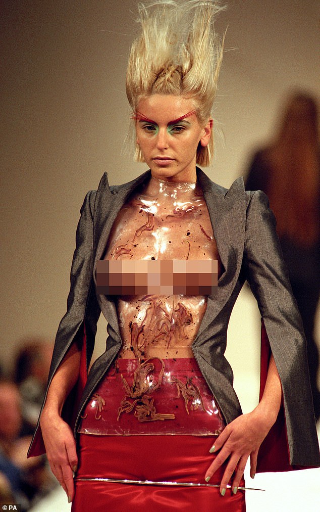 Alexander McQueen was known for his crazy experimental designs, above is a model who wore them at London Fashion Week (not with the Highland Rape collection)