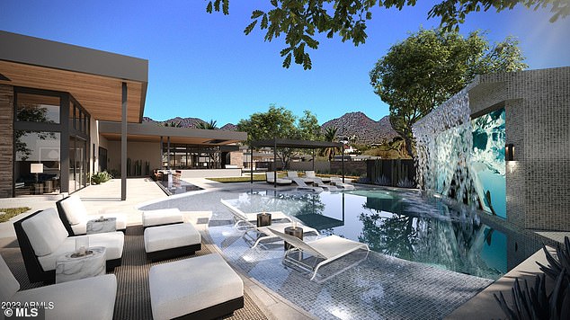 Renderings of the property show multiple pools, complete with a waterfall and lazy river