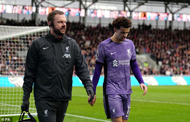 Curtis Jones was forced off early in the match against Brentford with an apparent ankle injury