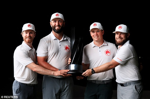 (L to R): Kieran Vincent, Jon Rahm, Caleb Surrat and Tyrrell Hatton pose after their victory in Mexico