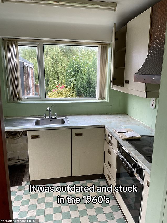 originally painted an ugly mint green color and fitted with cream and brown cabinets, as well as a 1950s style green and white tiled floor