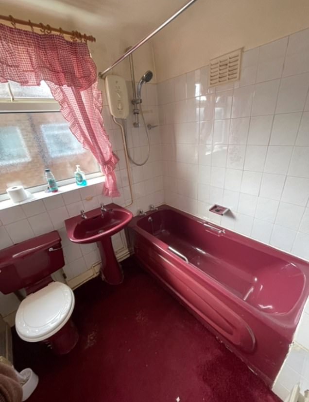 The dated maroon carpeted floor has been replaced with light gray granite tiles, while the shiny red plastic bath has been transformed into a spacious, tiled bath with matte black taps and a shower head