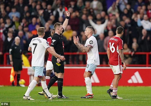 Phillips was sent off for a second bookable offense after a challenge on Gibbs-White