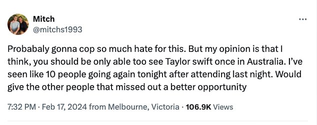 A Melbourne resident took to X, formally known as Twitter, this week to share his thoughts on the ticketing process for the pop superstar's concerts